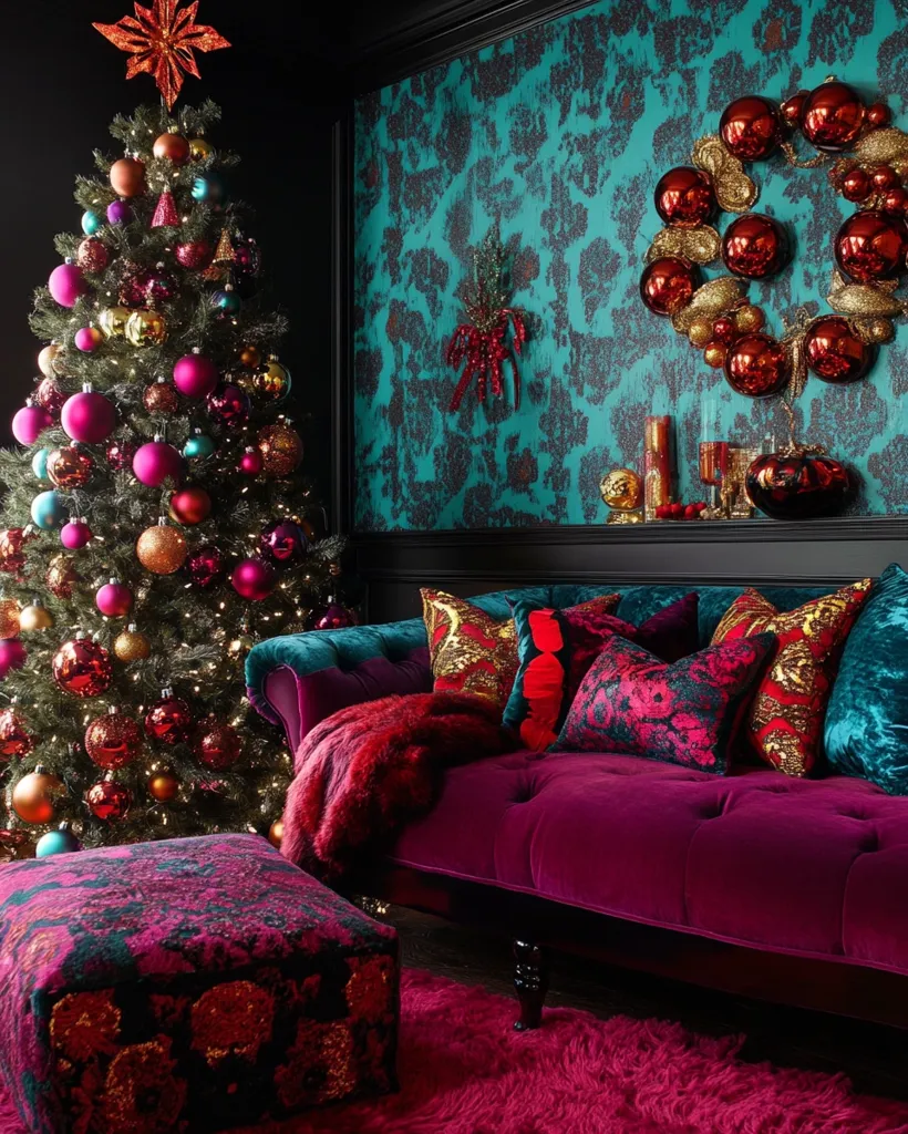 A luxurious Christmas scene unfolds in a room with deep teal damask wallpaper. A richly decorated Christmas tree stands beside a plush, jewel-toned velvet sofa adorned with ornate cushions in shades of burgundy and teal. A large, shimmering ball wreath hangs above the mantelpiece, adding to the opulent ambiance. A matching footstool sits before the sofa, completing the rich, festive, and dramatic décor.  A fluffy crimson rug anchors the space, enhancing the overall sense of opulence and warmth.