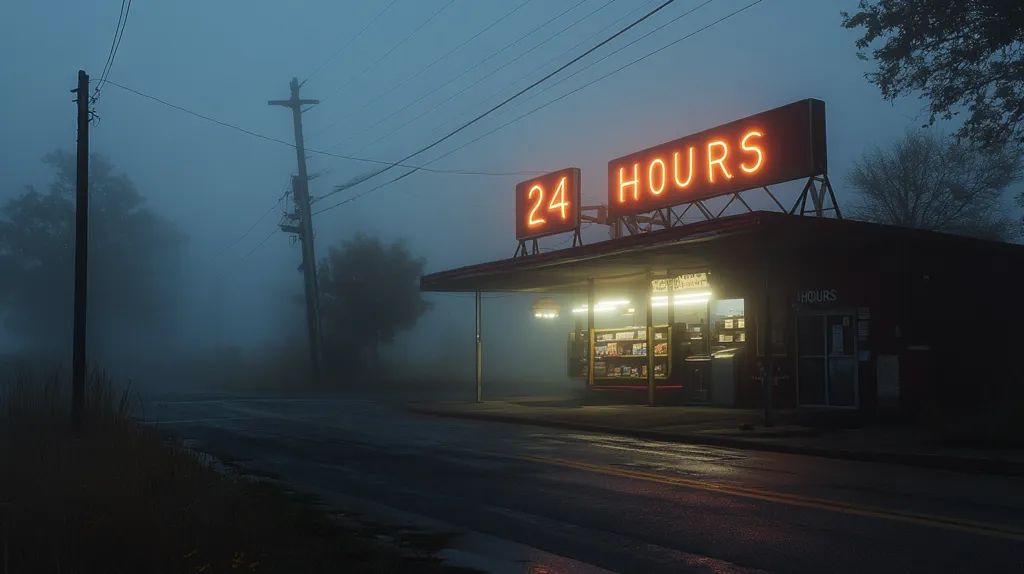 A lone, dimly lit 24-hour convenience store stands on a fog-shrouded road.  The orange neon sign glows against the dark, misty background, casting a warm light on the store's exterior.  Power lines stretch across the scene, adding to the atmospheric setting. The surrounding landscape is obscured by a thick fog, creating a sense of isolation and mystery. The road is wet, reflecting the faint light.  The overall mood is melancholic and slightly eerie.