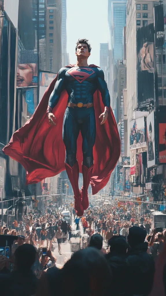 Here's a description of the image:

The image depicts Superman soaring through a bustling Times Square-like cityscape. He's in mid-air, his red cape billowing behind him, a powerful figure against the backdrop of towering skyscrapers and a dense crowd of people below. Superman's pose is heroic, his gaze directed upward, suggesting a sense of hope and purpose.  The vibrant colors and detailed rendering create a dynamic and awe-inspiring scene that blends comic book aesthetics with realistic cityscapes. The multitude of people on the street emphasizes Superman's scale and presence as a protector of the city.