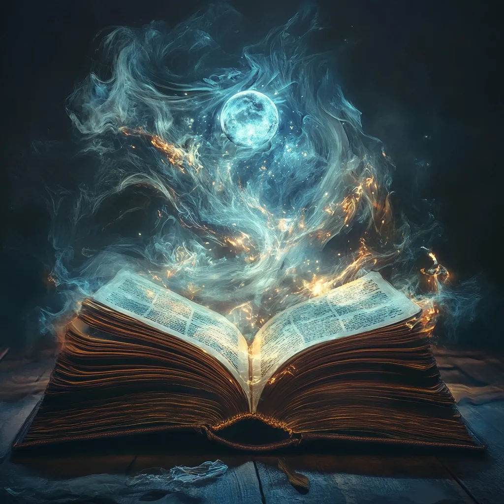 Here's a description of the image:

An open, ancient-looking book lies on a dark wooden surface, its pages radiating a mystical glow.  Ethereal, blue-tinged smoke and sparks swirl upward, connecting the book to a bright full moon visible above.  The overall effect is one of magic and wonder, suggesting the book holds powerful, possibly enchanted, secrets. The scene is dark and atmospheric, emphasizing the mystical quality of the image.