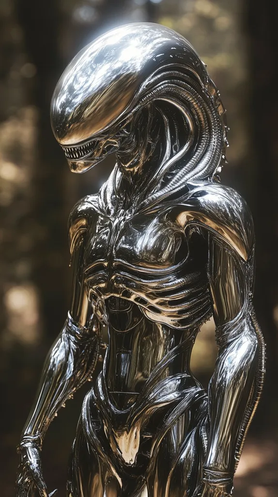 Here's a description of the image:

The image showcases a meticulously detailed, chrome-like sculpture or digital rendering of an alien creature.  Its form is humanoid yet distinctly alien, with a sleek, metallic exoskeleton reflecting light.  The head is elongated with a distinct jawline and cranial features suggestive of the Xenomorph from the *Alien* franchise. The body is segmented, revealing a complex musculature beneath the polished surface. The background is blurred, suggesting a dark, wooded setting. The overall effect is both striking and unsettling.