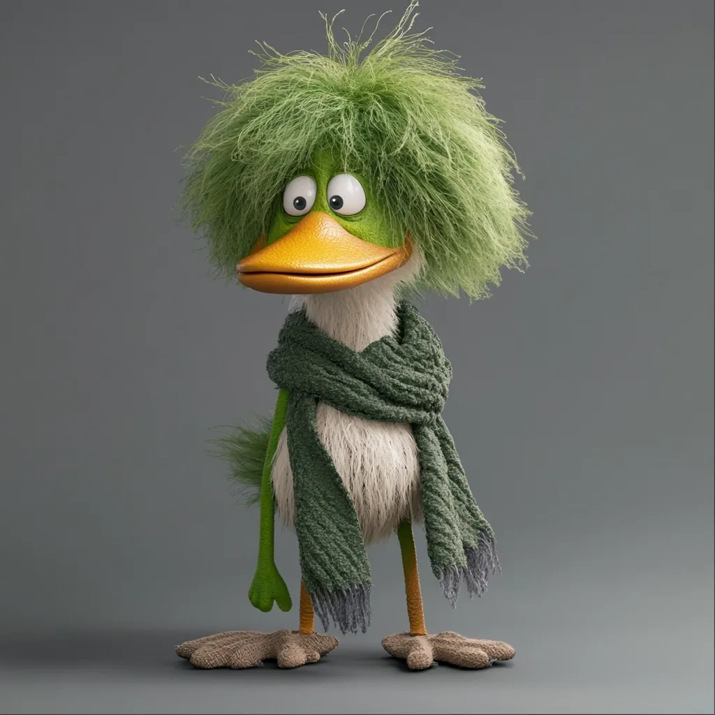 A whimsical, 3D-rendered duck is depicted.  Its plumage is predominantly white, but it sports a vibrant green, shaggy mane that resembles a wild afro.  The duck's beak is a cheerful orange, and its large, expressive eyes convey a slightly surprised or curious expression.  It's adorned with a sage-green knitted scarf, adding to its endearingly quirky character. The duck's feet are textured to resemble soft, grayish-brown material. The background is a simple, neutral gray.