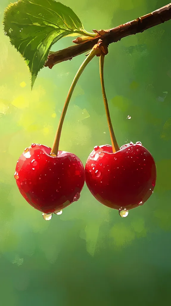 Here's a description of the image:

The image is a close-up painting of two ripe, red cherries hanging from a branch.  The cherries are glistening with water droplets, suggesting a recent rain shower.  Their deep red color contrasts beautifully with the soft green background, which is painted with a loose, impressionistic style. A single, vibrant green leaf is partially visible, attached to the branch above the cherries.  The overall effect is one of freshness and natural beauty. The painting style is painterly and slightly abstract, focusing on light and color.