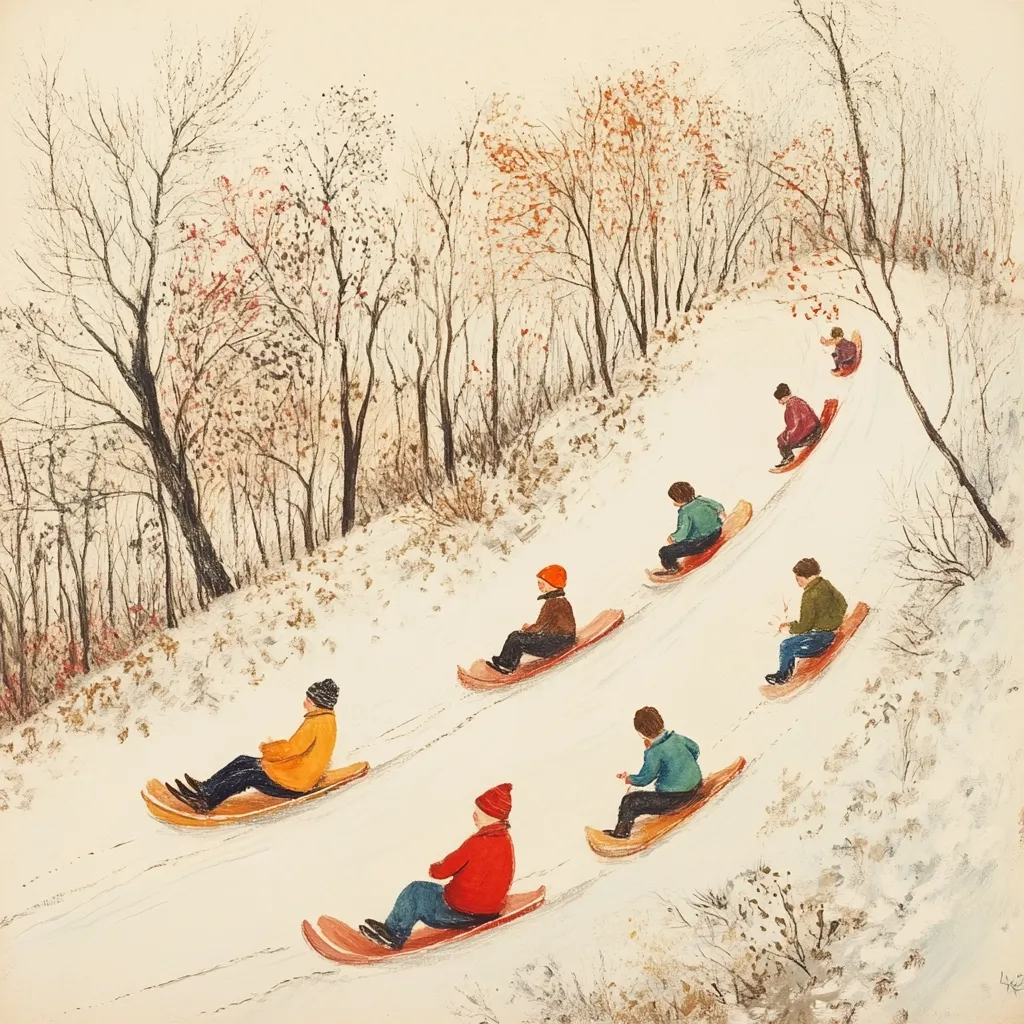 A charming watercolor painting depicts a snowy hillside where children gleefully sled down.  Seven figures, bundled in winter attire, ride individual sleds, creating a cheerful procession. The scene is set amongst a backdrop of leafless trees, their branches hinting at autumn's transition to winter. The soft colors and gentle slopes convey a sense of serene winter fun. The artist's style is simplistic yet expressive, capturing the joy of a childhood winter pastime.