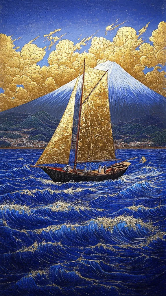 Here's a description of the image:

The artwork depicts a sailboat with gold-leaf sails navigating a deep blue sea, under a sky filled with golden clouds.  Mount Fuji, snow-capped and majestic, rises in the background, providing a dramatic backdrop. The painting's style is detailed and almost hyperrealistic, with visible brushstrokes emphasizing the texture of the water and the sails.  A few figures are visible on the boat, adding a sense of scale. The contrast between the cool blues and the warm golds is striking, creating a visually captivating scene.