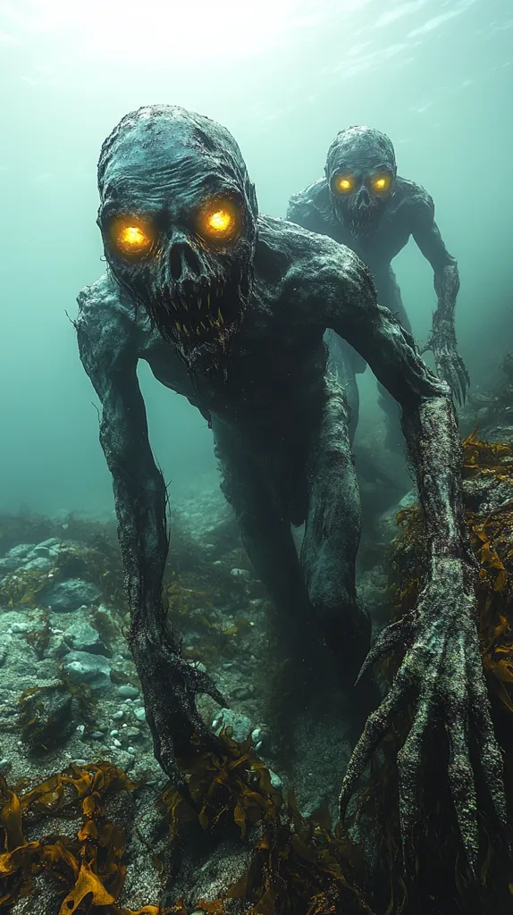 Here's a description of the image:

The image depicts two grotesque, underwater creatures resembling decayed zombies.  Their bodies are dark, textured, and appear skeletal, with glowing orange eyes that pierce the murky green water. They stalk through an underwater kelp forest, their clawed hands reaching forward. The seabed is a mix of sand, rocks, and kelp, creating a dark and ominous atmosphere. The overall impression is one of horror and unease, hinting at a terrifying presence lurking beneath the ocean's surface.