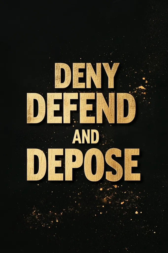 The image features a dark background speckled with gold.  Bold, gold-lettered text is prominently displayed, reading "DENY DEFEND AND DEPOSE" in a stacked arrangement. The words suggest a legal or confrontational context, possibly referring to strategies in a trial or debate. The gold lettering contrasts sharply with the black backdrop, creating a visually striking effect. The overall aesthetic is sophisticated and slightly dramatic.