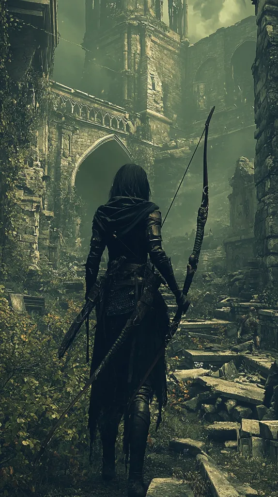 Here is a description of the image:

The image depicts a lone female archer, cloaked in dark attire and carrying a longbow, standing before a crumbling, moss-covered stone structure, possibly a ruined cathedral or castle. The architecture suggests a medieval or gothic style. The overall atmosphere is dark, moody, and evocative of a post-apocalyptic or fantasy setting. The color palette is muted greens and greys, emphasizing the sense of decay and age.  Overgrown vegetation partially obscures the ruins, adding to the feeling of abandonment and the passage of time. The archer's back is to the viewer, her focus directed toward the structure, creating a sense of mystery and anticipation.
