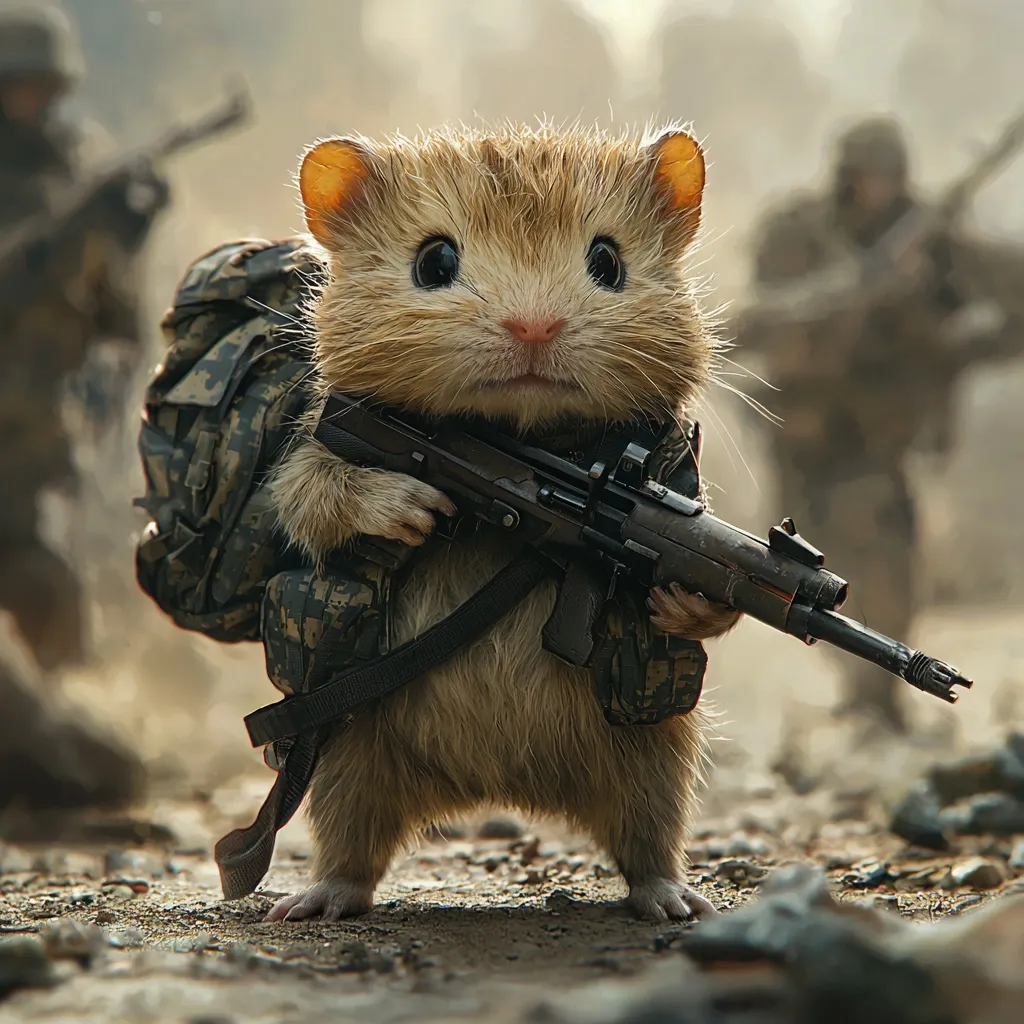 A small, furry rodent, resembling a hamster, is depicted in a digitally created image.  It's dressed in miniature camouflage gear, complete with a backpack and vest, and is gripping a large assault rifle.  The background is blurred but shows out-of-focus human soldiers in similar attire, suggesting a war-like setting. The contrast between the cute animal and the serious weaponry creates a humorous yet unsettling juxtaposition. The overall style is hyperrealistic, with detailed rendering of both the creature and its surroundings.