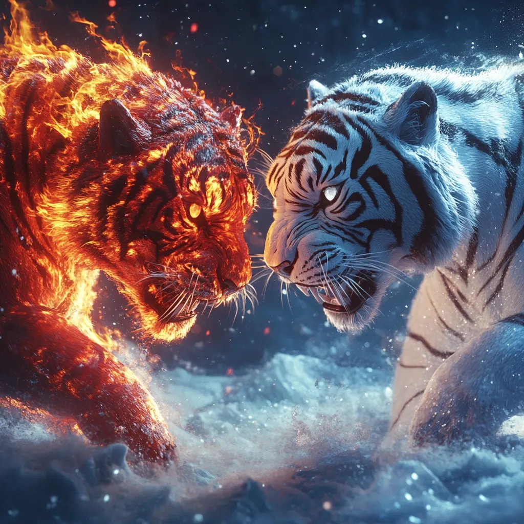 Here's a description of the image:

The artwork depicts a dramatic confrontation between two tigers in a fantastical setting.  One tiger is engulfed in vibrant flames, its fur appearing molten and orange-red.  The other is a majestic white tiger, seemingly made of ice or frost, its fur gleaming.  The tigers face each other, snarling, in a clash of fire and ice.  The background is a blend of dark blue, representing night, with hints of swirling snow or icy particles, creating a visually striking contrast to the fiery tiger. The scene evokes a sense of intense conflict and opposing forces.