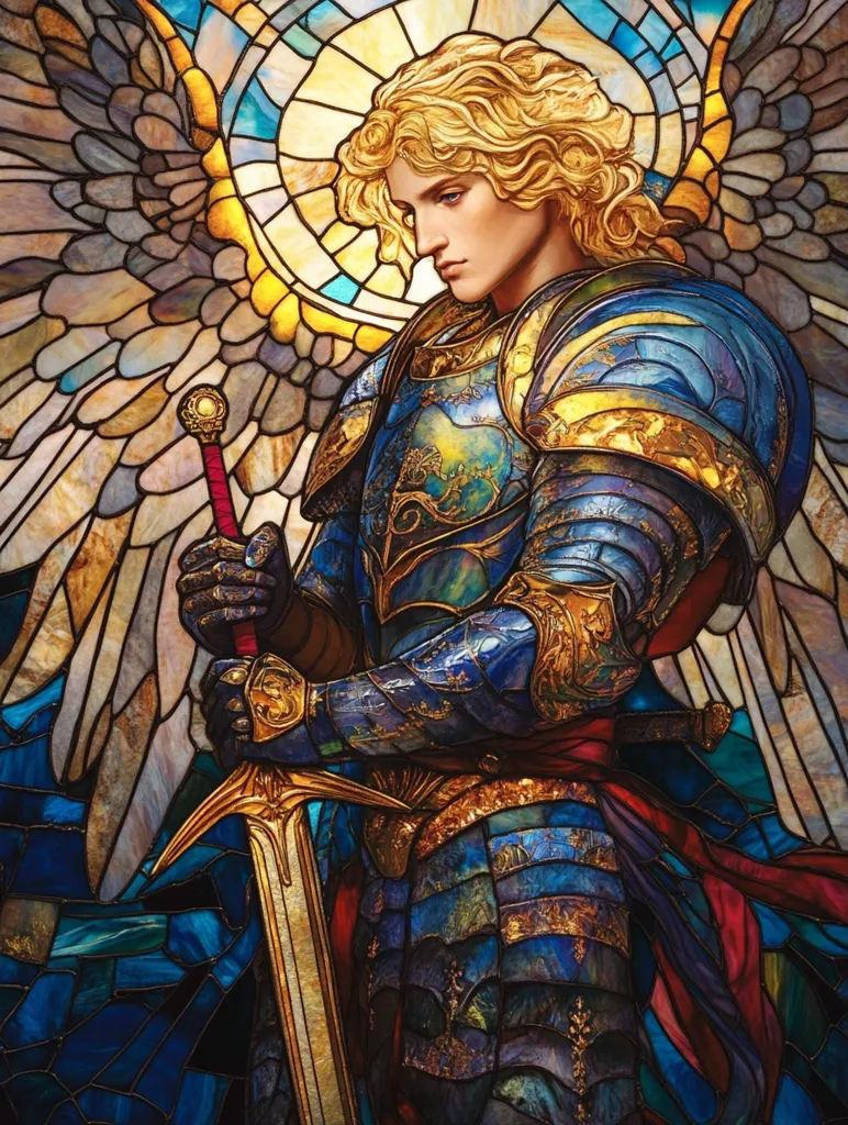 The image depicts a stunning stained-glass rendering of an angel.  The angel, a young man with flowing blond hair, is clad in intricately detailed, jewel-toned armor. He holds a sword, its golden hilt contrasting with the blue and gold of his attire.  Large, majestic wings, rendered in shades of blue, gold, and amber, frame his form.  The overall style evokes a medieval or Renaissance aesthetic, imbued with a divine and powerful presence. The rich colors and meticulous detail create a breathtaking visual effect.