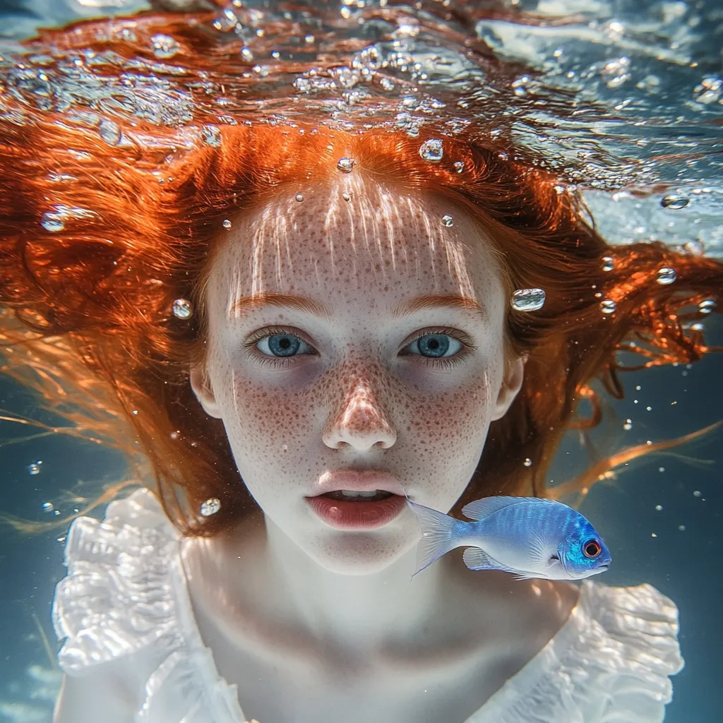 Here's a description of the image:

An underwater close-up captures a young girl with vibrant red hair and fair skin speckled with freckles. Her bright blue eyes are striking against her pale complexion.  She's wearing a white, ruffled dress, and a small, light blue fish appears to be resting near her lips.  Sunlight filters through the water, creating shimmering patterns on her face and highlighting the texture of her hair, which flows freely around her head.  The overall effect is ethereal and dreamlike.