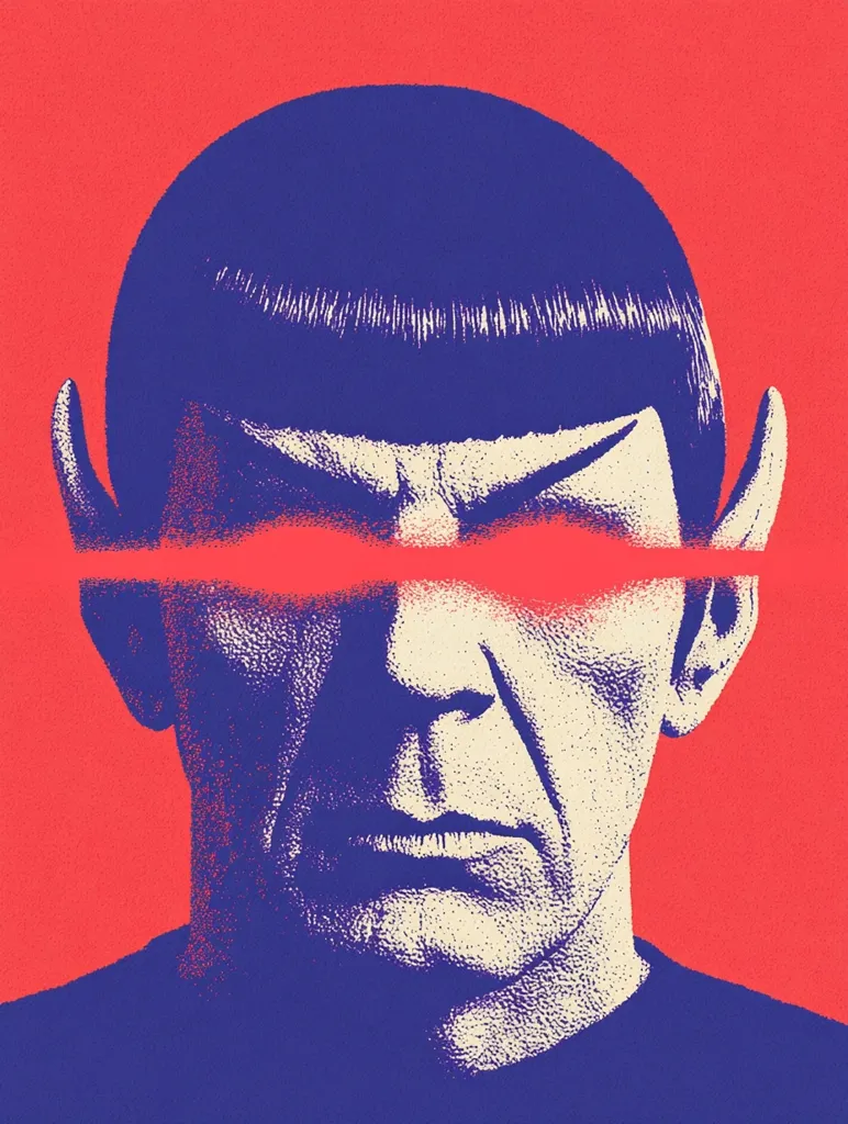 Here's a description of the image:

The image is a stylized portrait of Spock, the iconic Star Trek character.  Rendered in a bold, graphic style, Spock's face is predominantly off-white, contrasted against a deep blue silhouette and vibrant red background. His signature bowl haircut is prominent.  A stark red horizontal line obscures his eyes, creating a dramatic and somewhat menacing effect. The overall style is reminiscent of vintage poster art or printmaking, with a textured, almost halftone appearance.