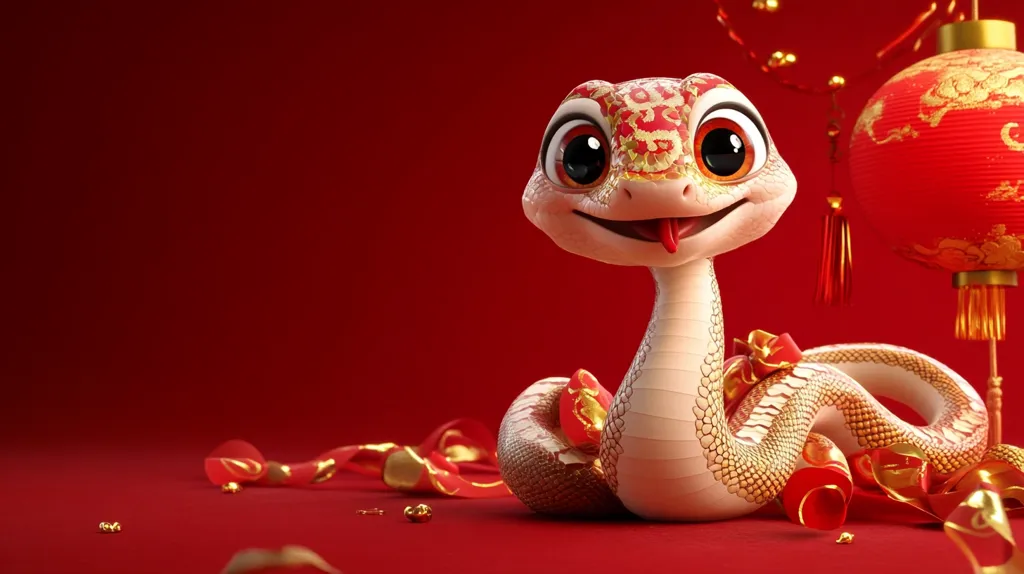 Against a vibrant red background, a charming cartoon snake, adorned with gold and red patterns, sits playfully. Its large, expressive eyes and a slightly protruding tongue add to its endearing appeal.  The snake is surrounded by festive red and gold ribbons and a traditional Chinese red lantern, creating a celebratory atmosphere, suggestive of the Chinese New Year.  The image is rich in detail and evokes a feeling of joy and celebration.