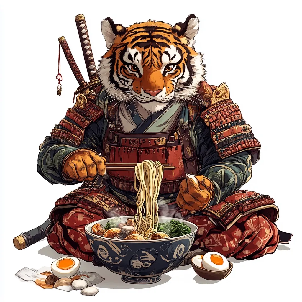 Here's a description of the image:

The illustration depicts a majestic tiger, anthropomorphized as a samurai, seated cross-legged on a white background.  Clad in ornate samurai armor, predominantly red and gold, with a teal under-robe, it delicately uses chopsticks to savor a steaming bowl of ramen.  Two swords are sheathed on its back, and soft, steaming noodles hang from its chopsticks.  Alongside the ramen, which includes visible ingredients, are two soft-boiled eggs in a small bowl. The overall style is detailed and vibrant, blending elements of Japanese culture with a fantastical, animalistic theme.