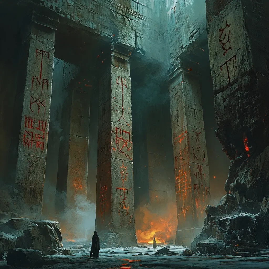 Here's a description of the image:

The artwork depicts a desolate, ancient ruin.  Tall, imposing stone pillars, etched with cryptic red symbols, dominate the scene.  A smoky, orange glow emanates from a fire in the distance, casting an eerie light on the icy ground. Two cloaked figures stand small against the massive structures, emphasizing the scale of the ruins.  The overall atmosphere is dark, mysterious, and suggests a forgotten, possibly sacred, site imbued with a sense of age and foreboding. The color palette is muted, dominated by greys, blacks, and the warm orange of the fire.