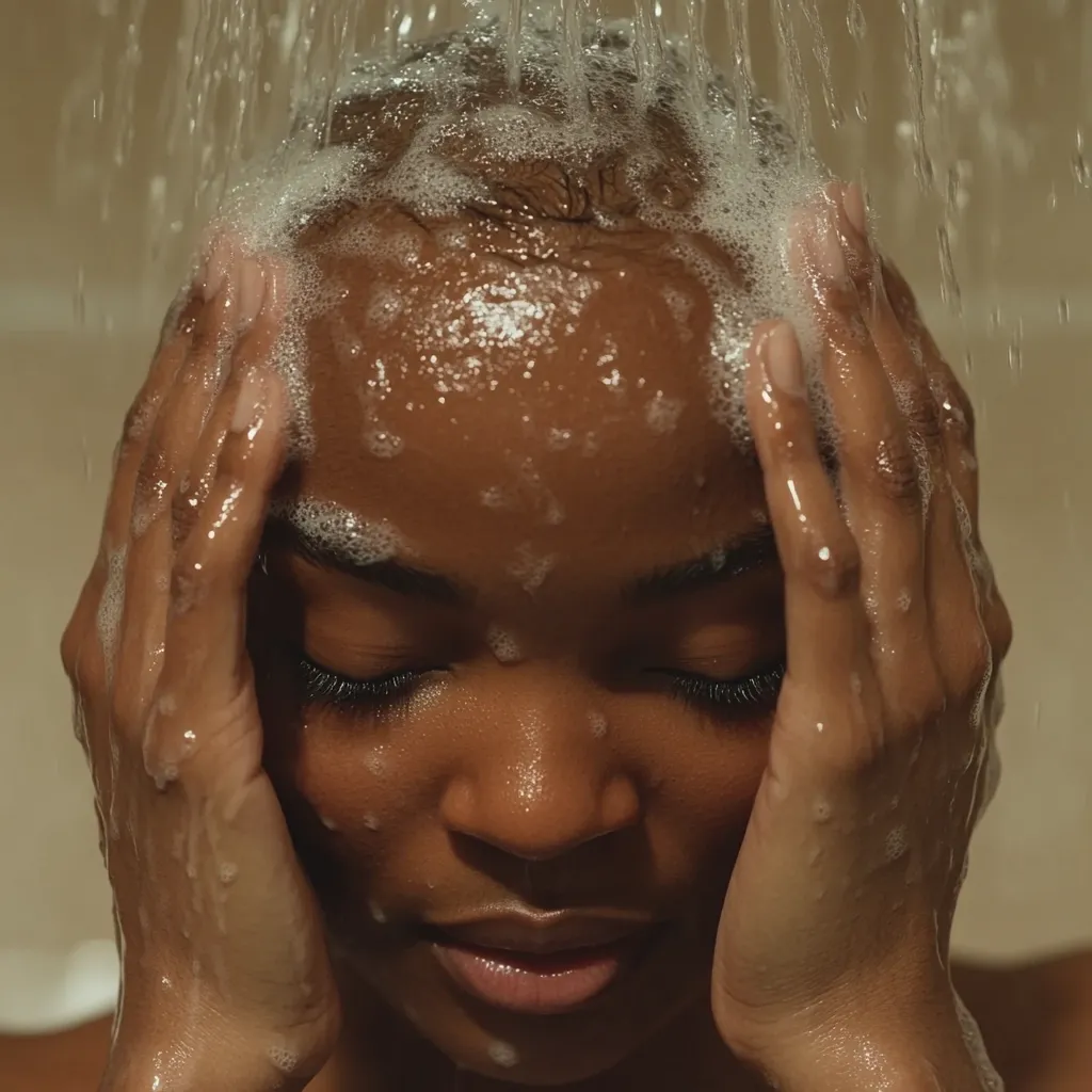 Close-up view of a young woman with dark skin washing her face and hair under a shower.  Her face is covered in soapy lather, and her eyes are closed in a peaceful expression. Water streams down her face and arms. The overall tone is warm and intimate, focusing on the textures of the skin and the water. The scene is serene and suggests a moment of self-care.