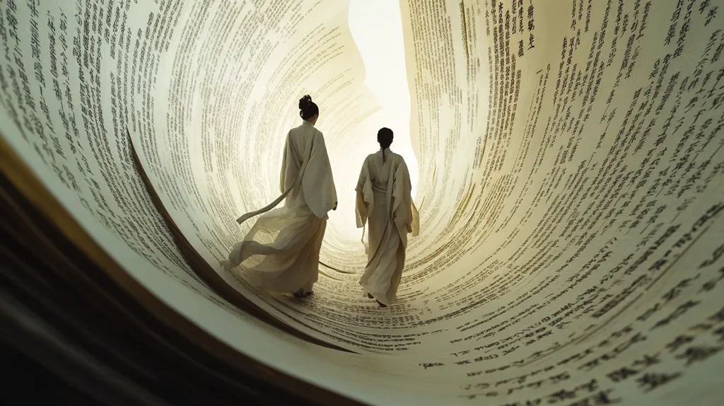 Two figures, dressed in flowing, light-colored robes reminiscent of East Asian attire, walk down a tunnel formed by a gigantic scroll.  The scroll's surface is densely covered with an unreadable script, suggesting a vast and ancient text. The scene evokes a sense of mystery and journey into a world of knowledge or history, the figures dwarfed by the immensity of the written word.  The light at the tunnel's end creates a dramatic contrast and emphasizes the depth of the scroll.