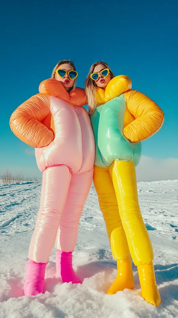 Two women in vibrant, inflatable, pastel-colored snowsuits pose in a snowy landscape under a clear blue sky.  They wear matching heart-shaped sunglasses and pink boots. One suit is pink and orange, the other mint green and yellow.  Their playful expressions and bright attire create a cheerful, whimsical scene, suggesting a fun winter photoshoot.