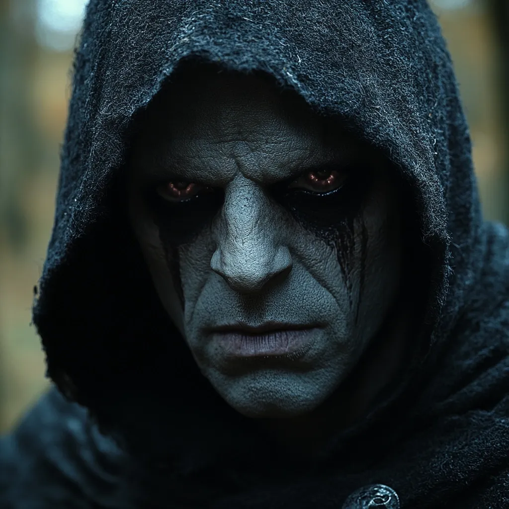 Close-up of a man's face, his expression stern and unsettling.  He's cloaked in a dark, hooded garment, obscuring most of his body. His pale face is marked with dark streaks, resembling tears or war paint, and his eyes glow with an unnatural orange light. The overall mood is dark, mysterious, and suggestive of a fantasy or horror character. The image’s deep shadows and stark contrast enhance the sense of foreboding.