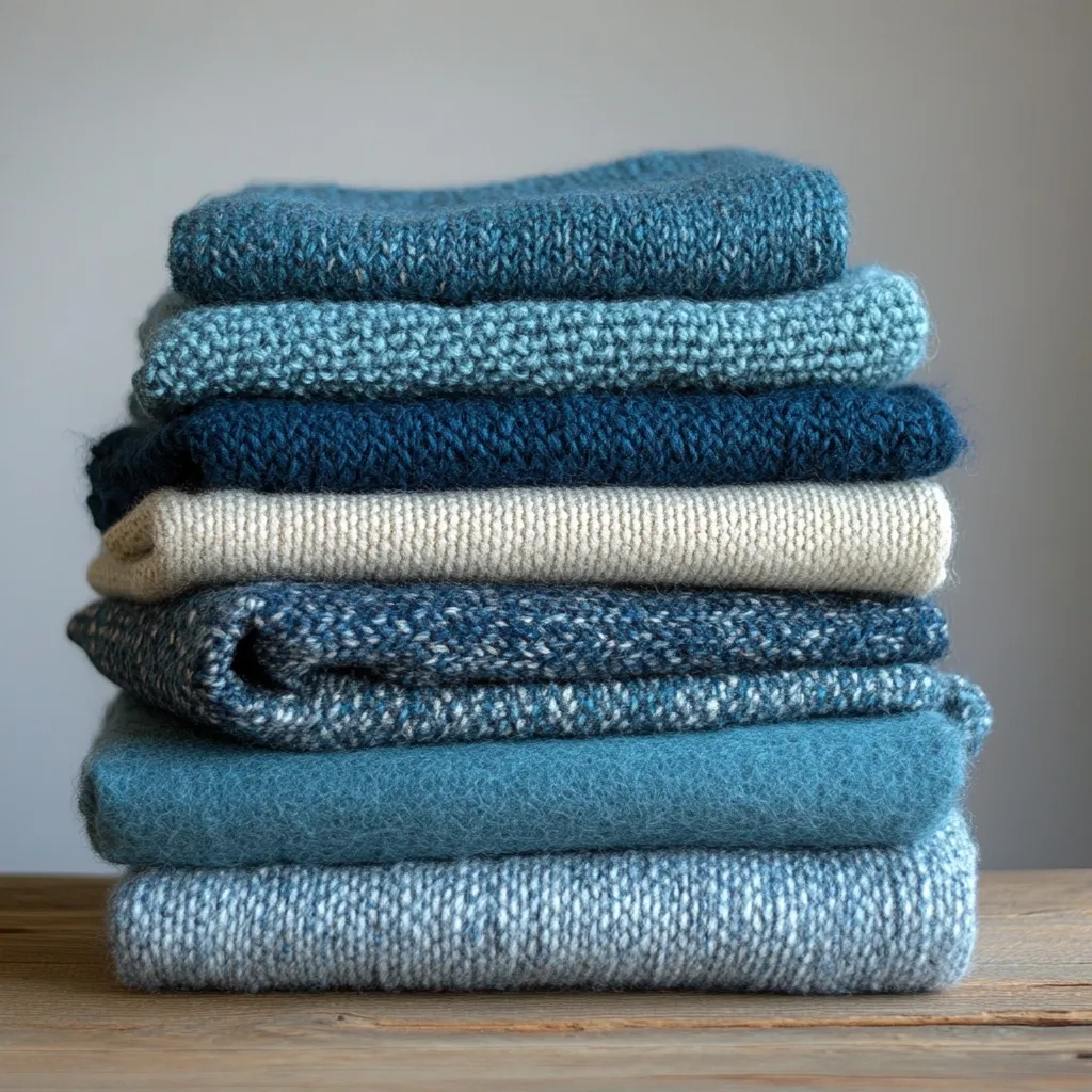A neatly stacked pile of eight knitted sweaters sits on a rustic wooden surface.  The sweaters are various shades of blue, teal, and off-white, creating a visually appealing gradient effect. The textures of the knits vary slightly, adding depth to the image.  The neutral background accentuates the soft, inviting colors of the folded wool garments. The overall impression is one of coziness and warmth.