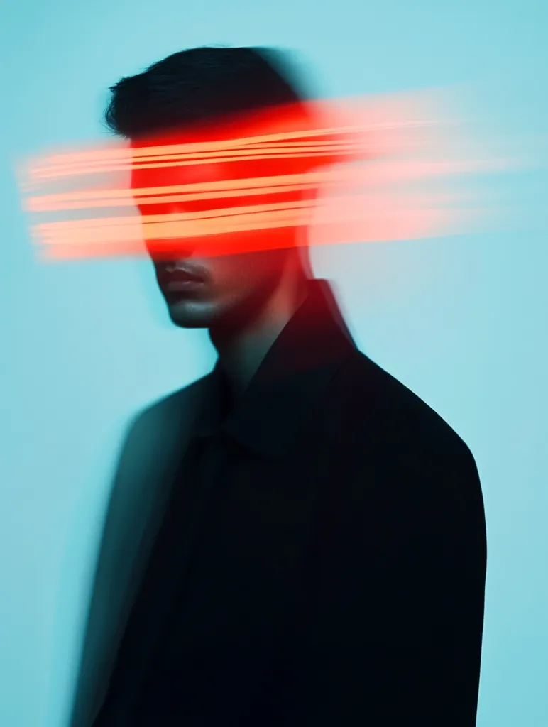 The image is a stylized portrait of a young man against a teal background. His face is partially obscured by horizontal streaks of bright red light, creating a sense of motion and mystery. The man is dressed in a dark collared shirt or jacket, his features softened by the light and motion blur. The overall effect is a blend of sharp and blurred, creating an intriguing and slightly surreal atmosphere. The red light contrasts dramatically with the cool background and dark clothing, drawing attention to the obscured face.