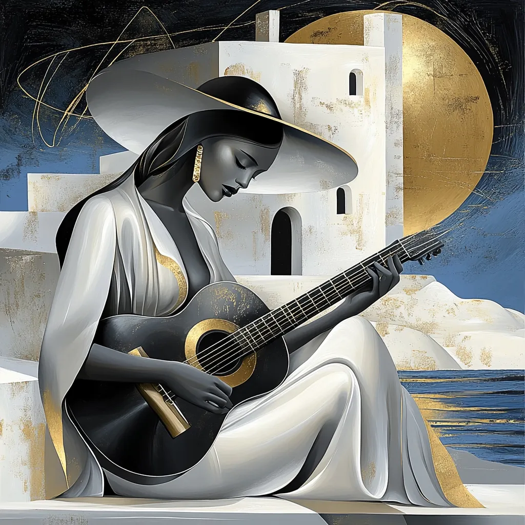 Here's a description of the image:

The artwork depicts a stylized woman, elegantly dressed in a flowing white gown and wide-brimmed hat, seated and playing a classical guitar.  Her dark skin contrasts beautifully with the light garment.  The guitar is dark with gold accents, echoing the gold highlights on the white building and large, golden moon in the background. The scene suggests a serene, possibly Mediterranean, coastal setting. The artist's style is smooth and highly polished, with a focus on form and subtle shading creating a sense of depth and quiet contemplation.  The overall mood is one of peaceful artistry and refined beauty.