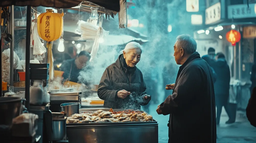 Here's a description of the image:

A misty, nighttime street scene in what appears to be a bustling Asian city.  Two elderly people, a man and a woman, stand at a food stall, engaging in conversation.  The woman, with silver hair, seems to be serving food from a steaming metal container filled with various cooked items.  The man, also with silver hair, appears to be a customer. The background is blurred but shows other people moving in a busy street, with illuminated shop fronts and a red lantern visible. The atmosphere is warm, inviting, and characteristic of a vibrant night market.