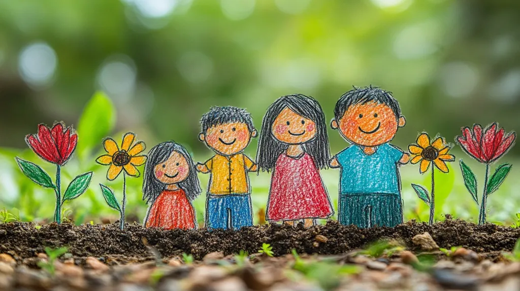 Here's a description of the image:

The image shows a crayon drawing of a happy family—mom, dad, and two children—standing in a row amidst colorful flowers. The drawings are childlike, simple, and vibrant, with bold outlines and slightly uneven coloring. They are positioned in a garden setting, with rich brown soil at the base and a softly blurred background of green foliage. The overall impression is one of family togetherness, joy, and nature.