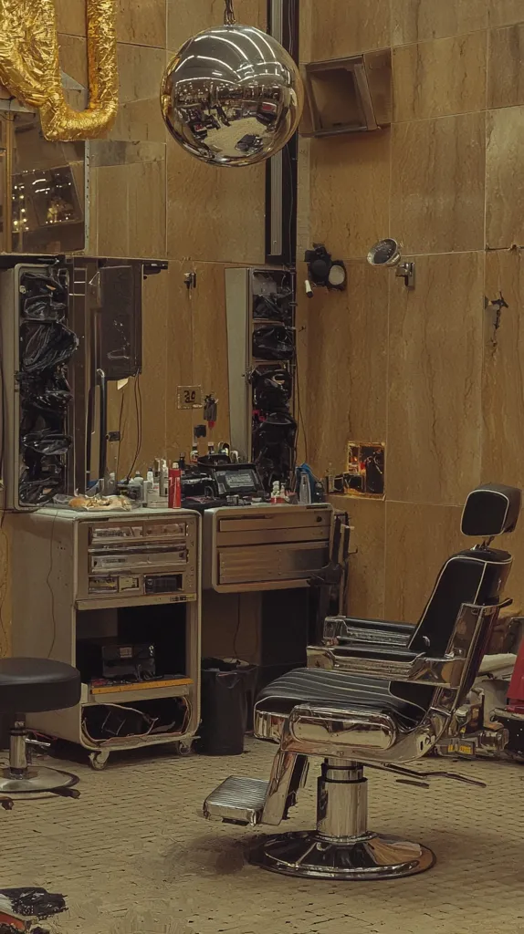 The image shows the interior of a seemingly abandoned or neglected barbershop.  A chrome barber's chair stands prominently in the foreground, reflecting the surrounding room.  Behind it is a worn, vintage-style wooden and metal counter with various bottles and equipment.  The walls are tiled in a warm, brownish hue, and a large mirrored ball hangs from the ceiling.  The overall mood is one of faded glamour and forgotten time.  The room's state suggests disuse and possible decay.