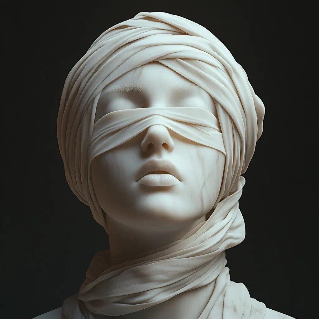 Here's a description of the image:

The image is a close-up of a digitally rendered marble bust of a woman.  Her eyes are covered by a cloth that is also wrapped around her head in the style of a turban.  The sculpture is serene, with the woman's mouth closed and her expression peaceful despite the blindfold. The marble texture is realistically depicted, showing subtle veining and highlights. The background is dark, providing a stark contrast and emphasizing the sculpture's form. The overall aesthetic is classical and evocative, hinting at themes of mystery, contemplation, or perhaps justice.