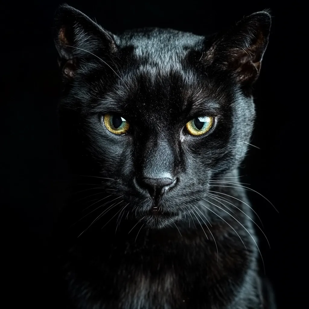 Here's a description of the image:

Close-up portrait of a black cat against a pure black background. The cat's fur is very dark, almost obscuring details in the shadows, but its piercing, bright yellow-green eyes stand out vividly. The cat's expression is intense and serious, perhaps even slightly wary. Its whiskers are clearly visible, adding to the overall feeling of alertness. The image is sharply focused on the cat's face, drawing attention to its features and creating a dramatic effect. The dark background enhances the cat's striking appearance.