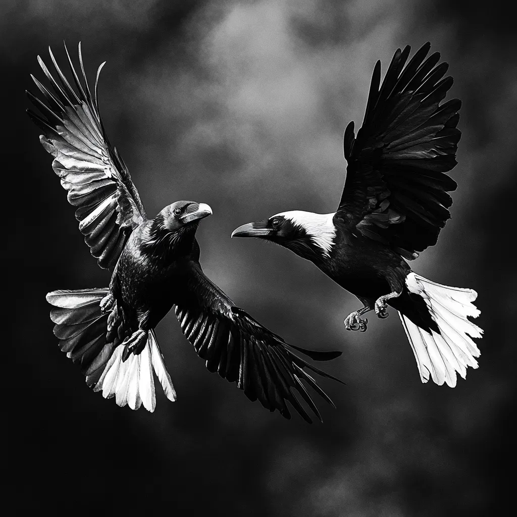 Here's a description of the image:

The monochromatic photograph showcases two ravens in mid-flight, set against a dramatic, dark, and cloudy sky.  One raven is predominantly black, while the other displays striking white patches on its wings and tail.  Their wings are fully extended, suggesting movement and a sense of confrontation or interaction. The high contrast and sharp detail emphasize the birds' feathers and expressions. The overall mood is one of intensity and visual power, evoking feelings of mystery and perhaps a struggle for dominance.