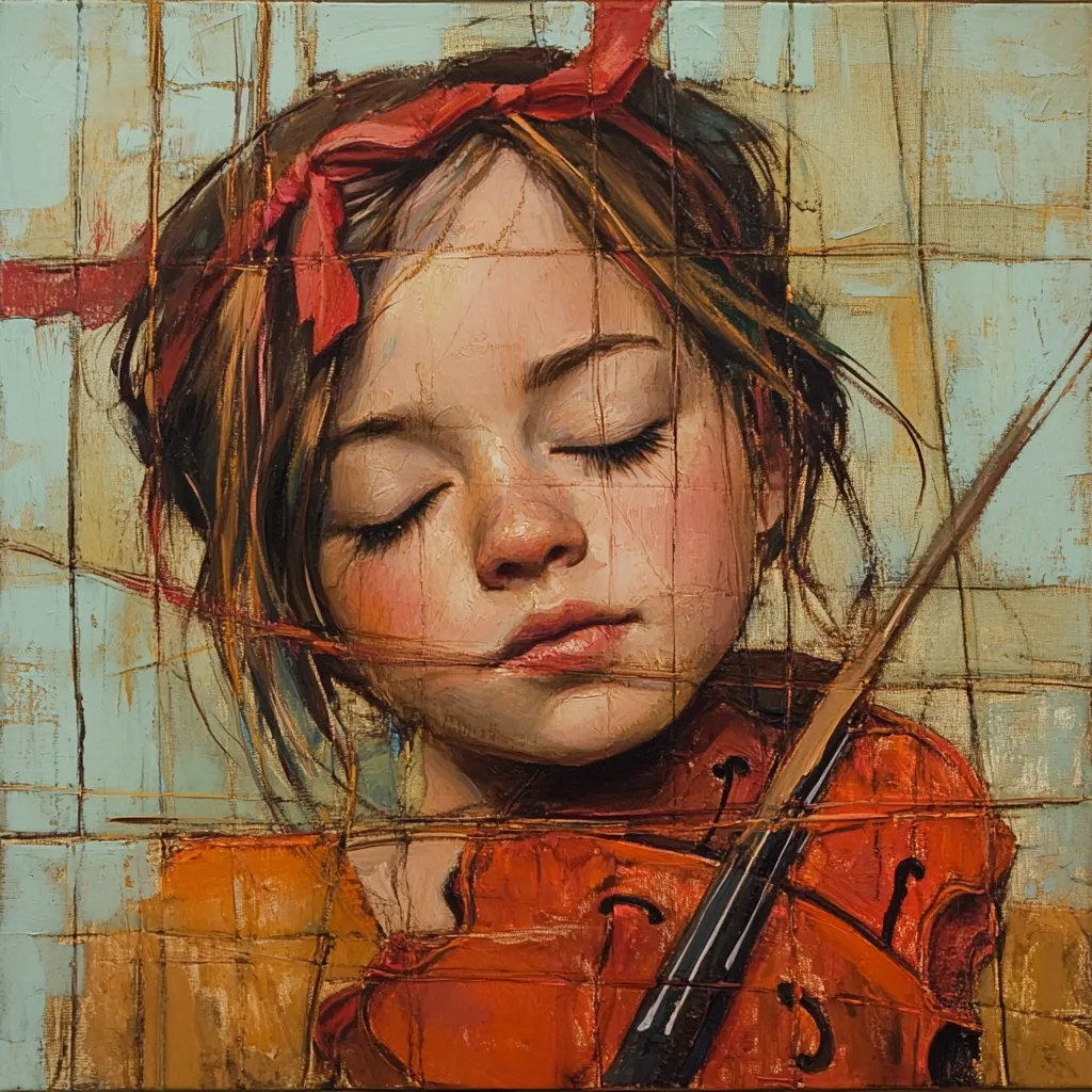 Here's a description of the image:

The painting is a close-up portrait of a young girl with her eyes closed, serenely holding a violin. She wears a reddish-brown headband tied in a bow, and her hair flows around her face. The girl's expression is peaceful and contemplative, suggesting a moment of musical absorption. The artist's style is richly textured, employing visible brushstrokes and a palette of earthy tones and muted blues in the background, creating a grid-like effect.  The focus is intensely on the girl's face and the violin, highlighting the intimacy of the moment. The overall mood is one of tranquility and artistic beauty.
