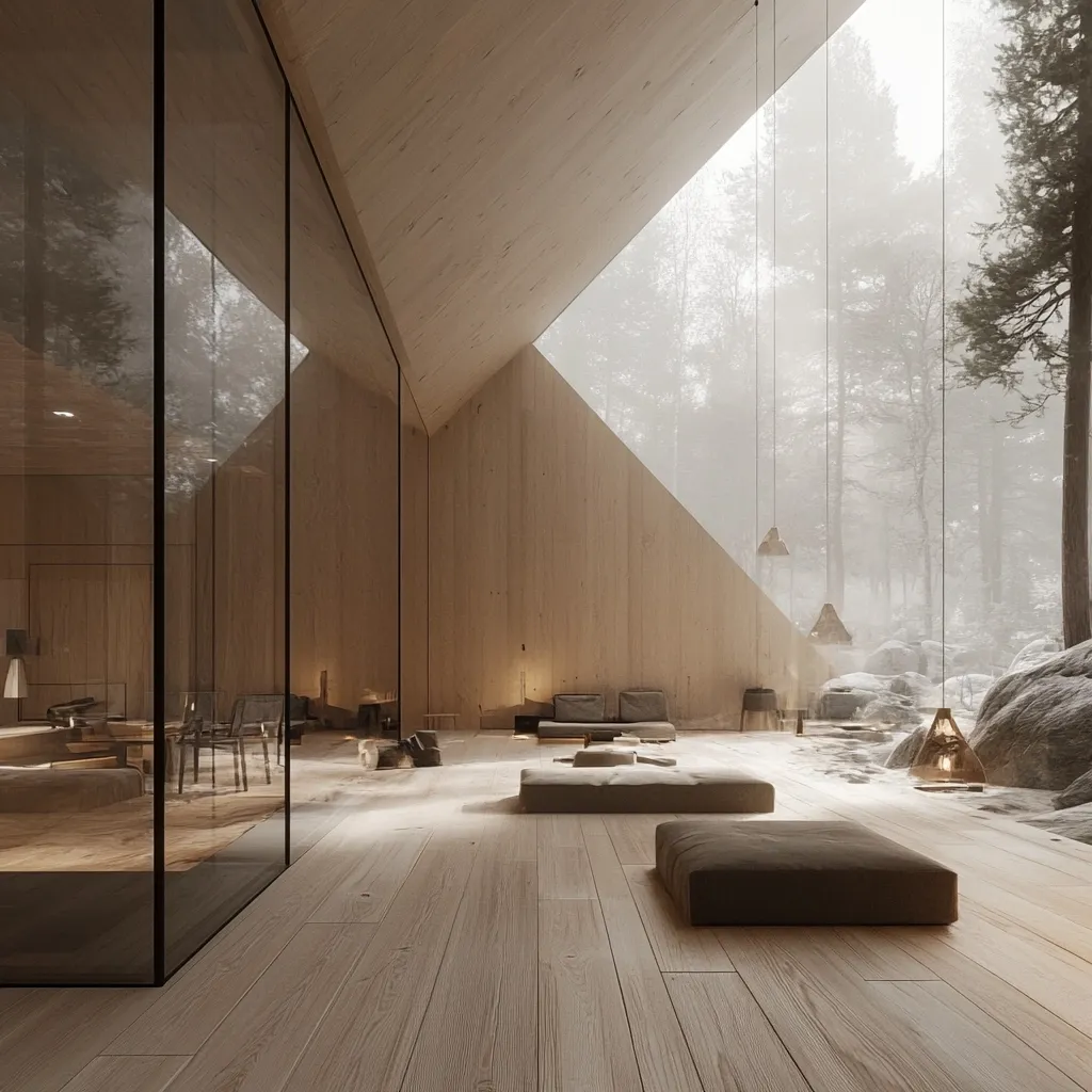 Here's a description of the image:

The image showcases a minimalist, modern cabin nestled within a misty forest.  The interior is dominated by light-colored wood paneling and large, floor-to-ceiling glass panels offering expansive views of the trees.  Simple, low-slung furniture, including a sofa and floor cushions, is sparsely arranged on light wood flooring.  Pendant lights hang from the high, angled ceiling, adding to the tranquil ambiance. The overall design emphasizes natural light and a seamless connection between indoors and outdoors.