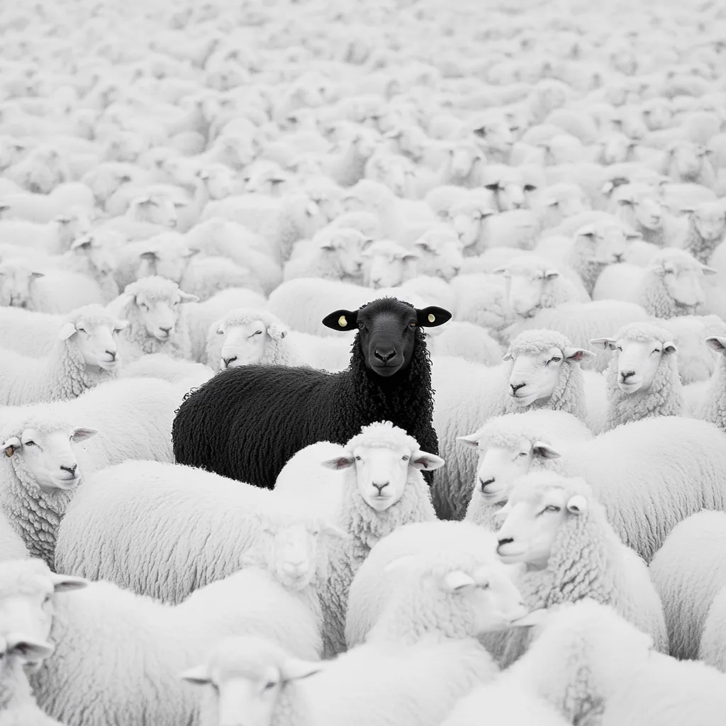 A single black sheep stands out amidst a massive crowd of white sheep.  The black sheep is positioned near the center, its dark wool contrasting sharply with the surrounding fluffy white wool. The image suggests themes of individuality, nonconformity, and standing out from the crowd. The sheer number of white sheep emphasizes the black sheep's uniqueness.