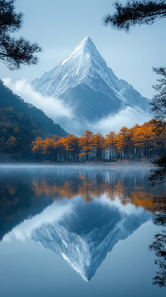 A serene mountain lake reflects a majestic snow-capped peak.  Autumnal trees in vibrant orange and yellow hues line the shore, their reflection mirrored in the still water.  A light mist hangs in the air, adding to the tranquil atmosphere.  The scene is framed by dark pine branches at the top and bottom, creating a natural border around the breathtaking vista.  The overall color palette is cool and calming, with the warm tones of the foliage providing a striking contrast.