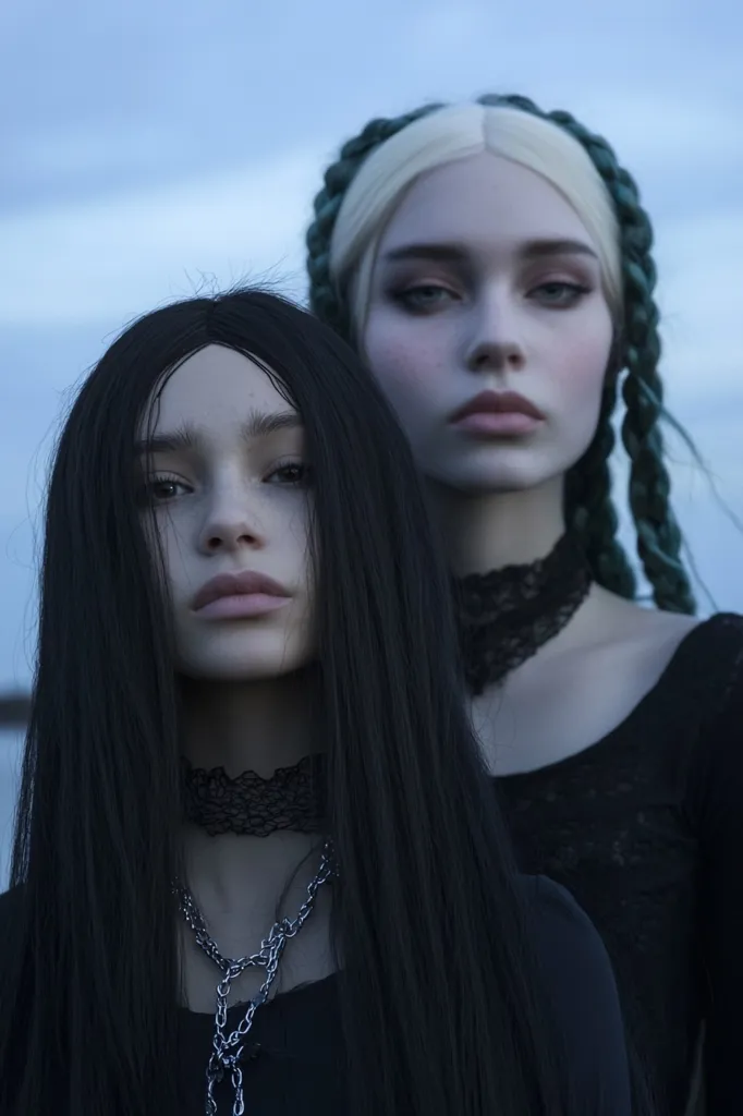 Two young women with long, dark hair stand close together against a muted sky.  The woman on the right has blonde hair interwoven with teal braids, while the woman on the left has very long, straight black hair. Both wear dark clothing, black lace chokers, and possess a pale complexion. Their expressions are serious and slightly somber, creating a gothic aesthetic. The overall mood is dark and mysterious.