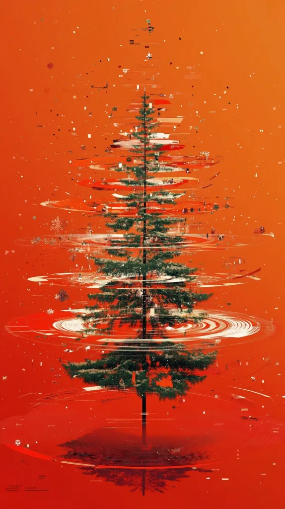 Here's a description of the image:

The image is a stylized depiction of a Christmas tree against a vibrant orange background. The tree is centrally positioned and rendered realistically, contrasting with the abstract, swirling patterns of red and white that emanate from its base and surround it.  These patterns resemble digital glitches or data streams, creating a futuristic or technologically enhanced aesthetic. Tiny, scattered elements add to the overall busy, yet balanced composition, suggesting a festive yet slightly chaotic atmosphere. The tree's reflection is visible in the water-like surface at its base, mirroring the swirling design.