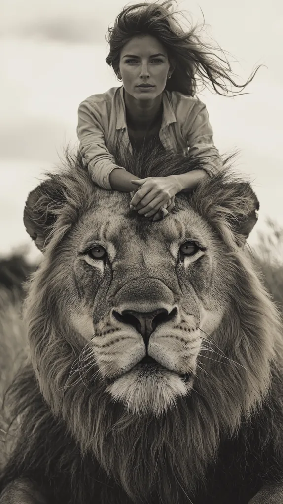 Here's a description of the image:

A black and white photograph depicts a young woman with windswept brown hair sitting atop a majestic male lion.  She's dressed in a light-colored, loose-fitting shirt, her hands gently resting on the lion's head. The lion, in sharp focus, gazes directly at the viewer with an intense yet calm expression. The background is softly blurred, suggesting an outdoor setting, possibly a savanna, with a muted sky.  The overall mood is one of powerful serenity and an unusual connection between human and animal.