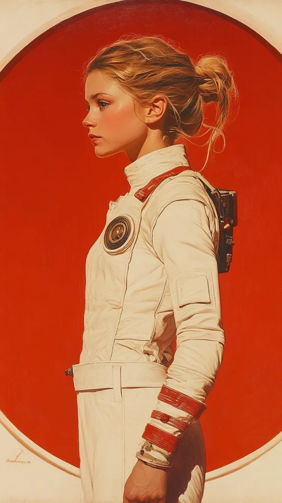 The image is a stylized portrait of a young woman in a cream-colored spacesuit, set against a vibrant red circular backdrop.  Her blonde hair is pulled back in a loose bun.  She is depicted in profile, her gaze directed to the left, conveying a sense of quiet determination.  The spacesuit features subtle details, including a circular emblem on the chest and red accents on her wrist. The overall style is reminiscent of vintage science fiction art, blending realism with a slightly surreal feel.