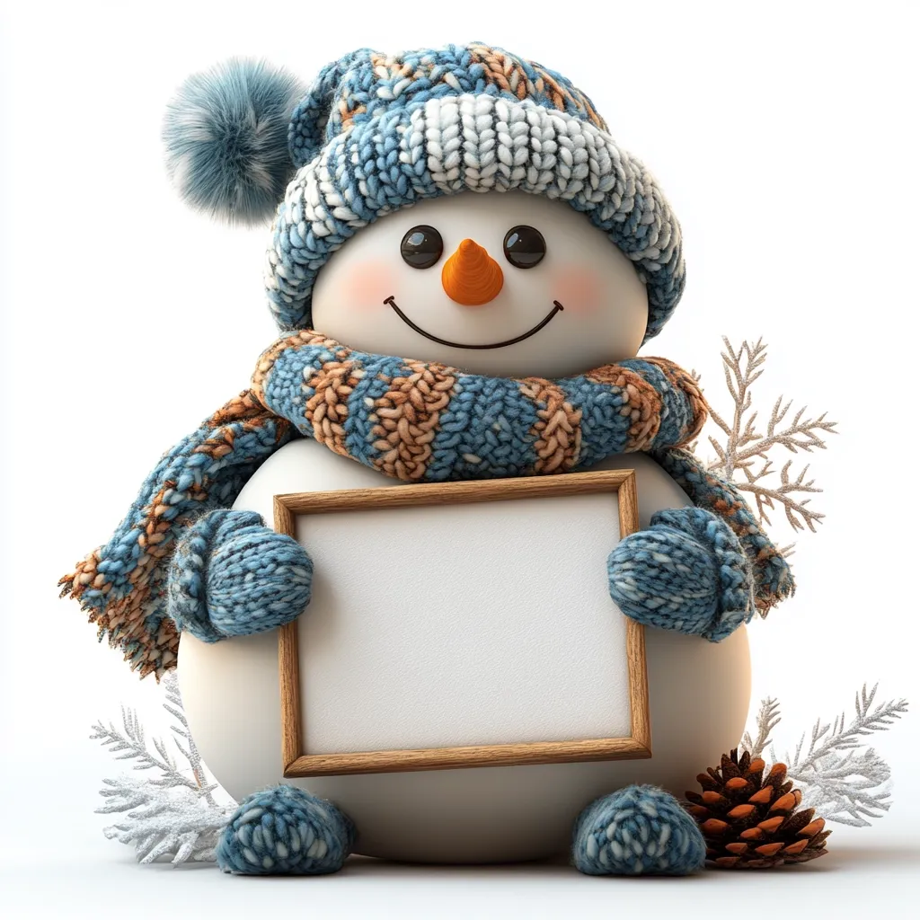 A cheerful snowman, adorned in a blue and tan knitted hat and scarf, sits against a white background.  He holds a blank wooden framed sign, perfect for a message.  The snowman's rosy cheeks and friendly smile are accentuated by a bright orange carrot nose.  Frosted branches and a pine cone add to the wintery scene.  The image evokes a festive, holiday spirit.