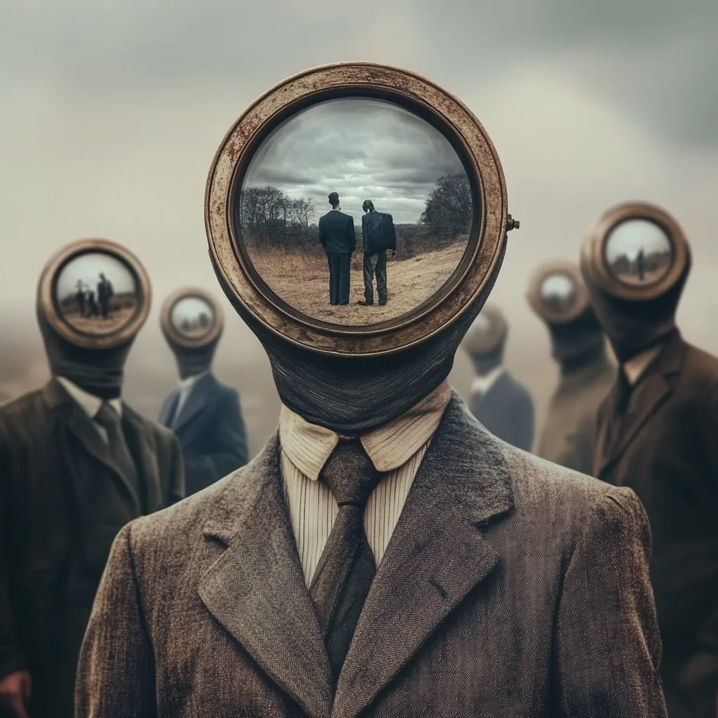 Here's a description of the image:

The image presents a surreal scene of several figures in vintage suits, their heads replaced by large, round, brass-framed magnifying glasses.  Each lens reflects a different scene, but the central figure's lens shows two men walking away down a path in a bleak landscape. The overall mood is somber and contemplative, suggesting themes of isolation, introspection, and shared yet individual experiences. The muted color palette enhances the feeling of mystery and melancholy.  The composition uses symmetry and depth of field to draw attention to the central figure's internal vision.
