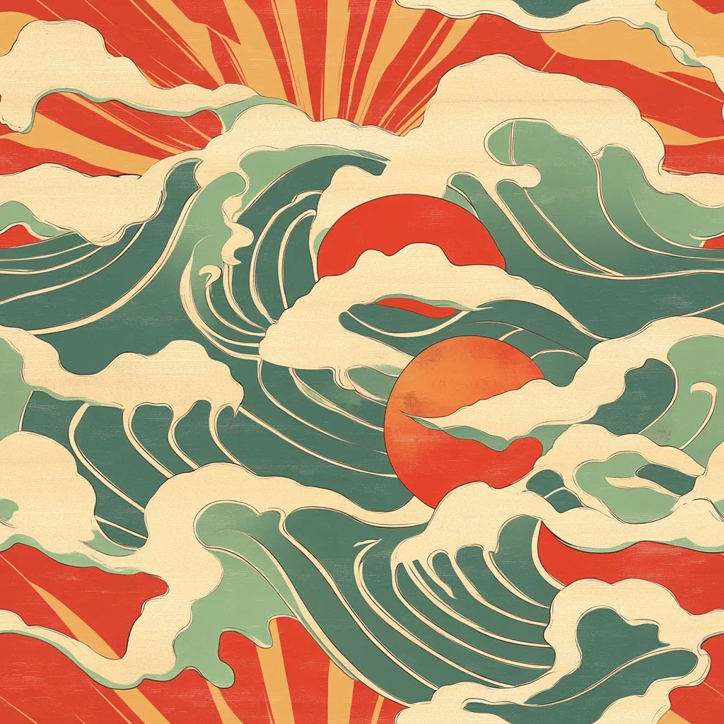 Here's a description of the image:

The image is a stylized depiction of ocean waves crashing against a backdrop of a vibrant, sunburst-like design. The waves are rendered in shades of teal and green, with creamy white foam, creating a dynamic, almost swirling effect.  Two large, stylized suns, one orange and one reddish-orange, peek from behind the waves, adding warmth and depth to the scene. The background features a radiating pattern of red and orange stripes reminiscent of a vintage poster or woodcut. The overall style is reminiscent of traditional Japanese art, infused with a retro, mid-century aesthetic.  The color palette is muted but bold, with a textured feel that suggests a printed surface.