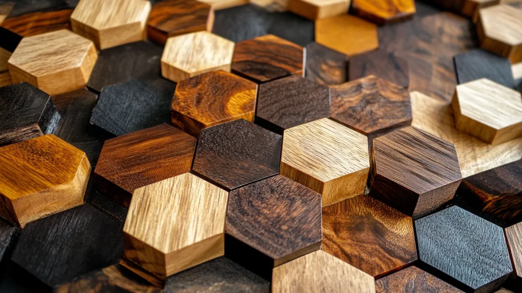 A close-up shot reveals a captivating arrangement of hexagonal wooden blocks, meticulously crafted from various rich wood types.  The blocks interlock to form a mesmerizing pattern, showcasing a range of colors from light, warm tones to deep, dark browns and blacks.  The texture of the wood grain is highly visible, adding to the visual appeal of this intricate composition. The image suggests a piece of art or a unique design element.