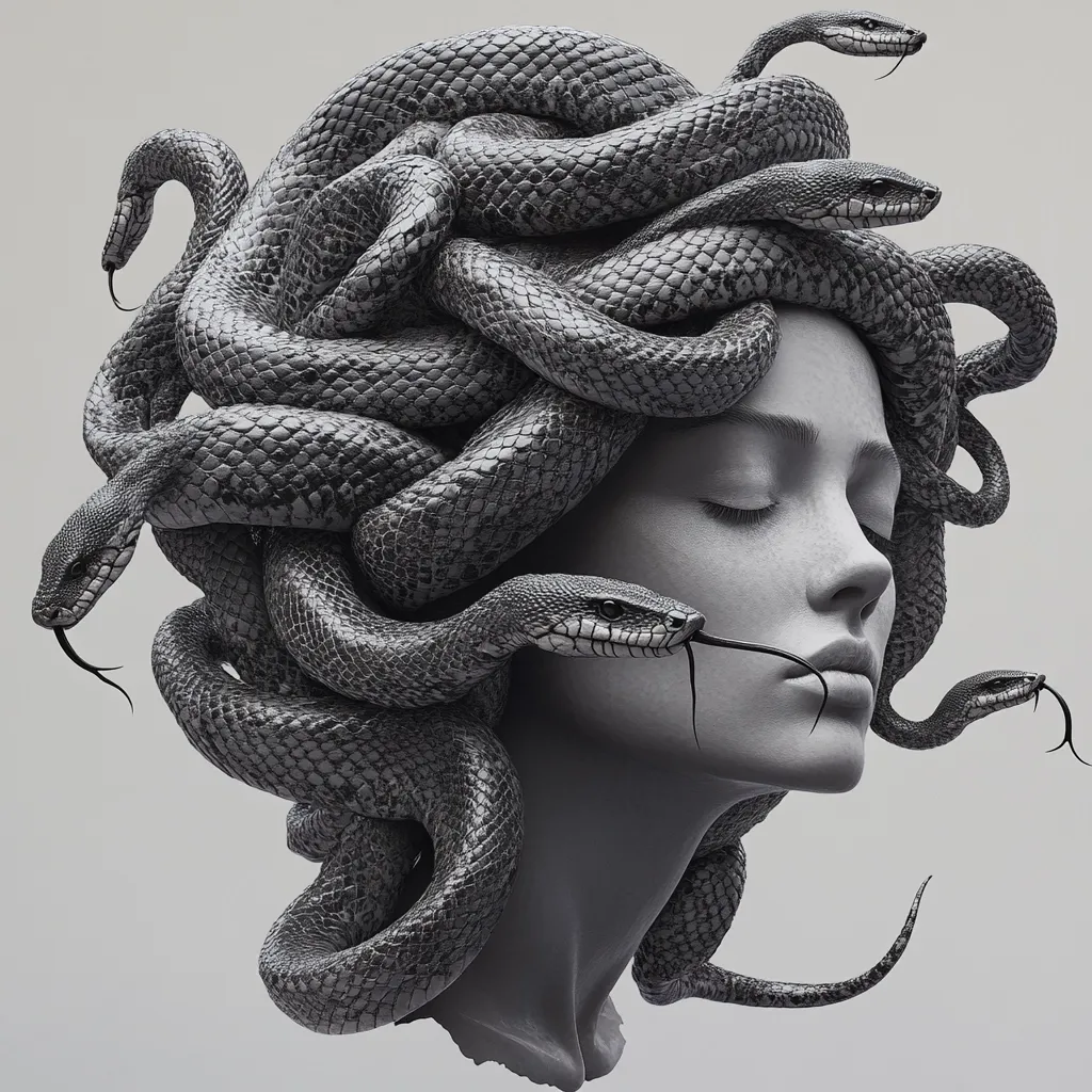 Here's a description of the image:

The monochromatic image depicts a stylized Medusa, her face serene with eyes closed.  Numerous snakes, intricately rendered with detailed scales, form a dense, writhing mass that replaces her hair. The snakes are intertwined and coiled around her head and neck, creating a powerful visual effect. The overall aesthetic is one of elegant darkness and classical mythology, presenting a modern interpretation of the Gorgon. The background is a simple, neutral grey, drawing all attention to the central figure.