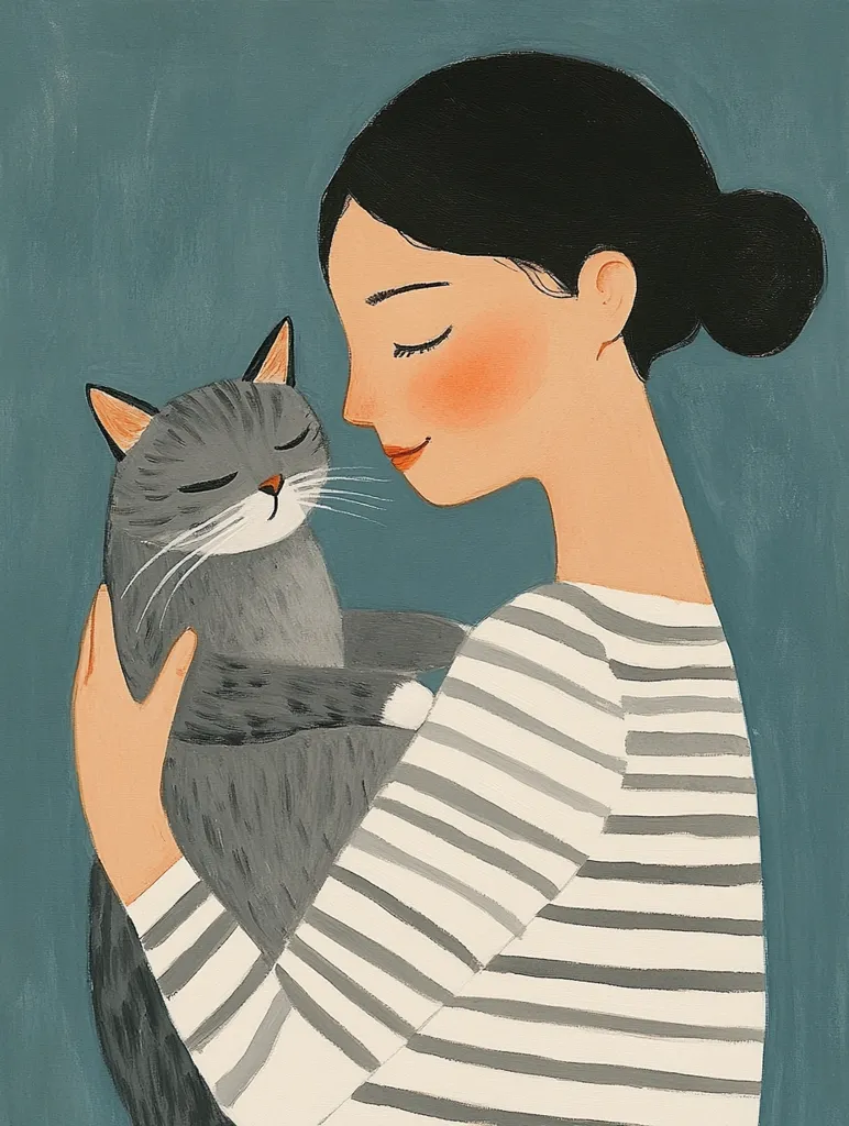 Here's a description of the image:

The illustration depicts a serene moment between a woman and her cat.  The woman, with dark hair pulled back in a bun, gently holds a grey cat close to her chest.  She is wearing a horizontally striped, long-sleeved shirt in muted grey and cream tones.  Both the woman and the cat have their eyes closed, suggesting peace and contentment. The style is minimalist and illustrative, with soft lines and muted colors against a teal background. The overall feeling is one of quiet affection and companionship.
