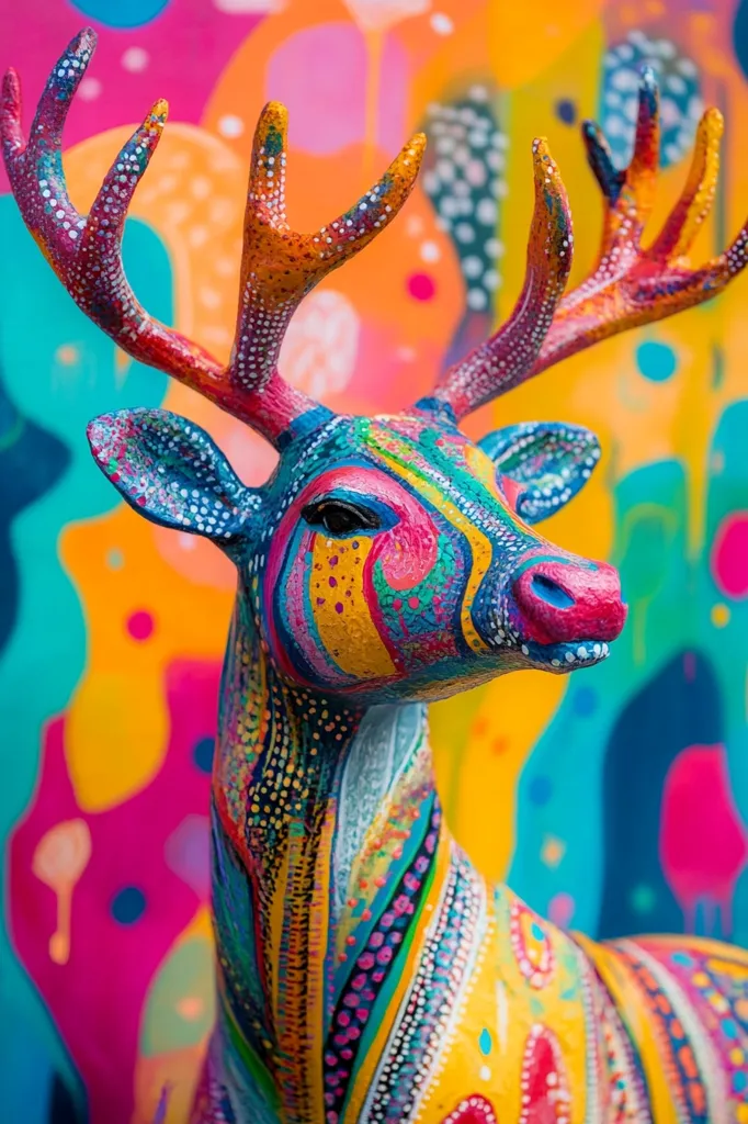 Here's a description of the image:

The image shows a vibrantly colored deer statue. Its antlers and body are adorned with a complex pattern of swirling lines and dots in a multitude of bright colors including pink, orange, yellow, blue, and turquoise.  The style is reminiscent of folk art or Aboriginal dot painting. The deer is positioned against a backdrop of a similarly colorful, abstract painting, creating a harmonious and visually striking composition.  The overall effect is bold, playful, and highly decorative.
