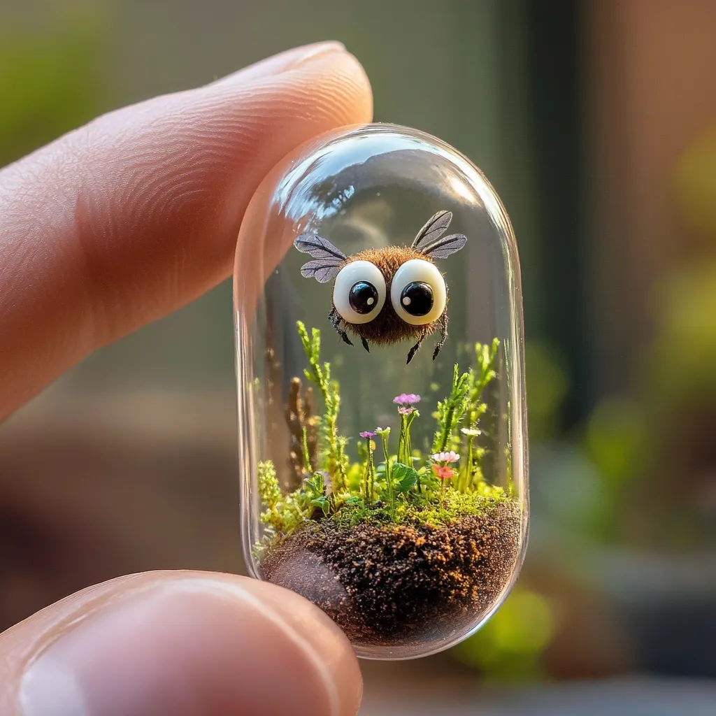 A tiny, whimsical bee with oversized eyes floats inside a clear glass capsule.  The capsule is held between a finger and thumb and contains a miniature, vibrant landscape of moss, small plants, and delicate flowers. The scene is meticulously crafted, resembling a charming, miniature terrarium or diorama. The overall impression is one of delicate artistry and whimsical charm.