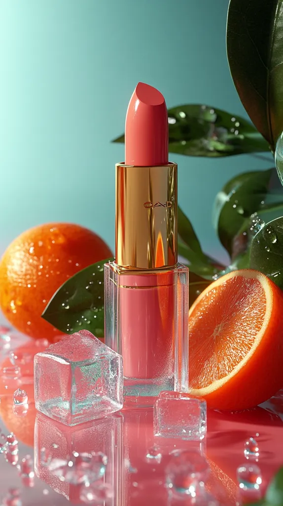 A coral-colored lipstick in a clear and gold case sits on a pink surface, surrounded by ice cubes and slices of oranges.  Water droplets adorn the oranges and leaves, suggesting a refreshing, summery vibe. The background is a soft teal, contrasting with the bright, vibrant colors of the lipstick and fruit. The overall image is clean, sleek, and aesthetically pleasing, possibly an advertisement for cosmetics.